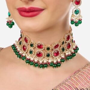 Poojavi Pink Green Stones Beads Diamonds Choker Necklace & Earring Set For Women