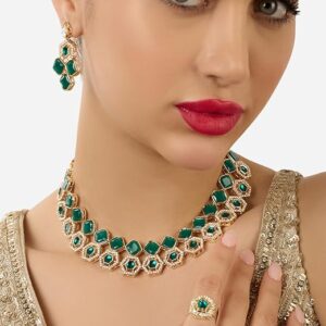 Poojavi Green Stones Dazzling Austrian Diamonds Embellished Necklace Earring & Ring Set For Women