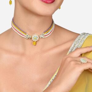 Poojavi Multicolor Multistrand Beaded Choker Necklace Earring & Ring Set For Women