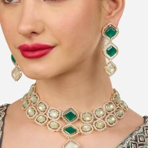 Poojavi Mint Green Stones Dazzling Austrian Diamonds Choker Necklace & Earring Set For Women