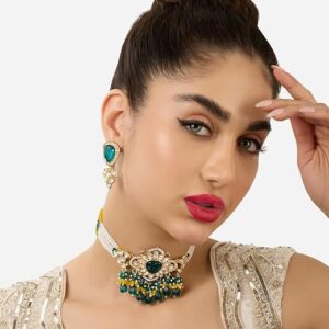Poojavi Green & Yellow Multistrand Beaded Kundan Choker Necklace & Earring Set For Women