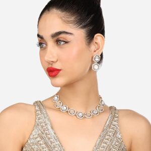 Poojavi Gold Tone Mother Of Pearls Embellished Choker Necklace & Earring Set For Women