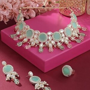 Poojavi Multicolor Stones Beads Kundan Choker Necklace Earring & Ring Set For Women