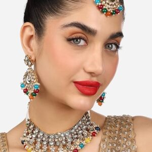 Poojavi Multicolor Beads Kundan Multistrand Choker Necklace Earring & Maangtikka Set For Women