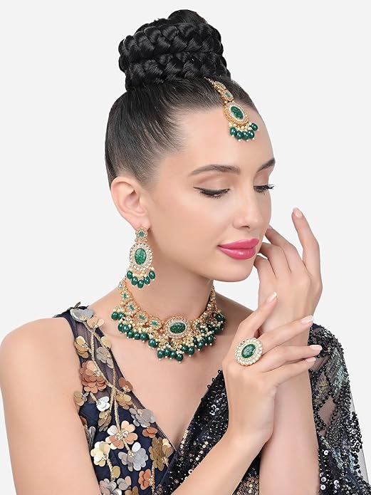 Poojavi Green Stones Beads Kundan Choker Necklace Earring Maangtikka & Ring Set For Women