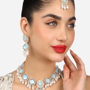 Poojavi Turquoise Blue Stones Dazzling Austrian Diamonds Beads Drop Necklace Earring & Maangtikka Set For Women