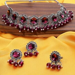Poojavi Pink Stones & Beads Oxidised Choker Necklace Earring & Ring Set For Women