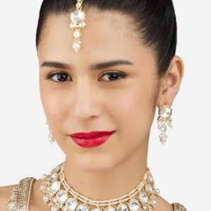 Poojavi Gold Tone Kundan Artificial Stones & Beads Necklace Earring & Maangtikka Set For Women