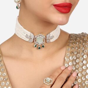 Poojavi Green Stones Multistrand Beaded Austrian Diamonds Choker Necklace Earring & Ring Set For Women