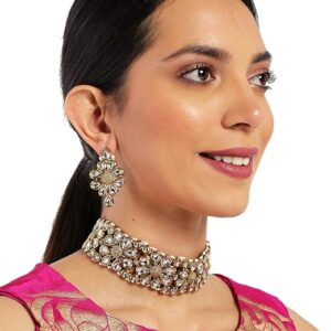 Poojavi Gold Tone Traditional Kundan And Pearls Necklace & Earring Set For Women
