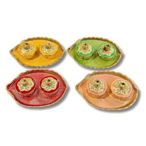 Poojavi SHAADI Acrylic Haldi Kumkum Holder Leaf Shaped Multicolour With Free Haldi Kumkum For Women, Weddings, Pooja Functions. Traditional Meenakari Return Gift Set(Pack Of 12)