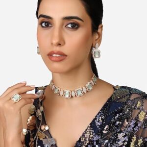 Poojavi Mint Green Stones Austrian Diamonds Choker Necklace Earring & Ring Set For Women