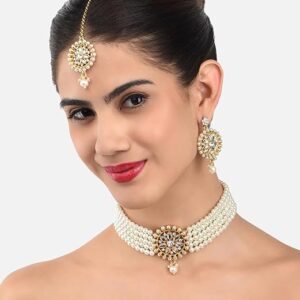 Poojavi Gold Tone Multistrand Kundan Center Piece Necklace Earring & Maangtikka Set For Women