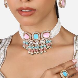 Poojavi Pink Turquoise Blue Stones & Cluster Beads Multistrand Choker Necklace Earring & Ring Set For Women
