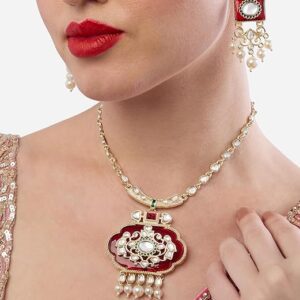 Poojavi Red Green Stones Dazzling Kundan Ethnic Necklace & Earring Set For Women