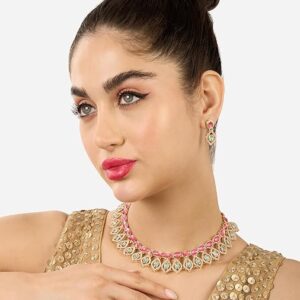 Poojavi Pink & Mint Green Stones Dazzling Austrian Diamonds Embellished Necklace Earring & Ring Set For Women