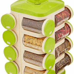 Revolving Spice Rack Set | 16 pieces | Plastic | Tiered Shelf | Tabletop | Green