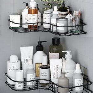 (Pack of 2 Self-Adhesive Shelf/Storage Organizer for Bathroom and Kitchen Corner Wall Mounted Rack Shelf Bathroom Accessories Storage Rack (No Drilling-Shelf Adhesive) (8 and 9 INCH,Black)