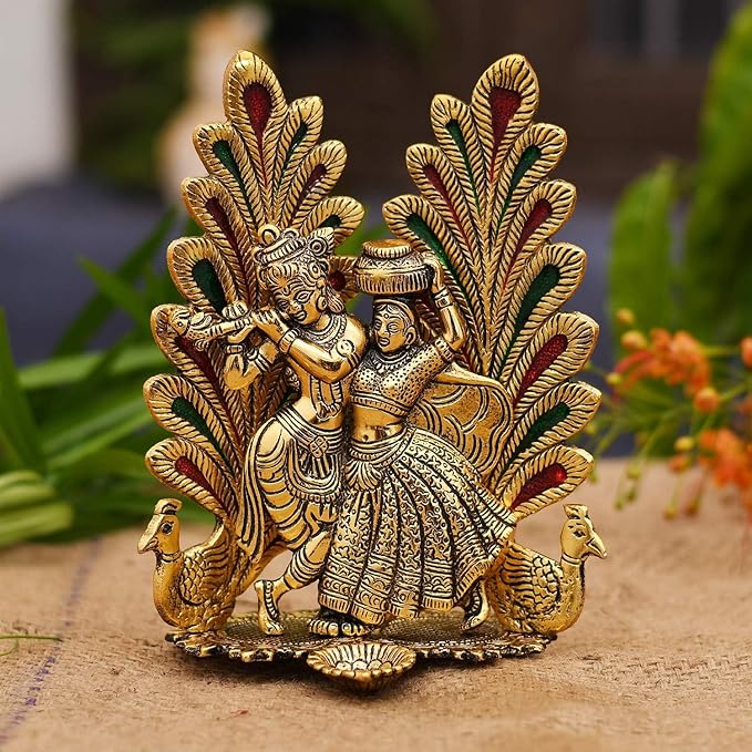 Peacock Design Radha Krishna Idol Showpiece with Diya for Puja and Home Decor (8 x 6 Inches), Metal, Gold (1 Piece)