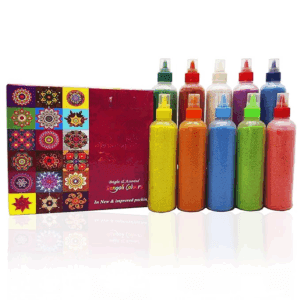 10 Rangoli Colour Powder Tube Kit, Diwali Decoration Items Bottles Tools Floor Art Rang Design Creativity for Navratri Pongal Pooja Mandir Decor (Pack of 10 Bottles)