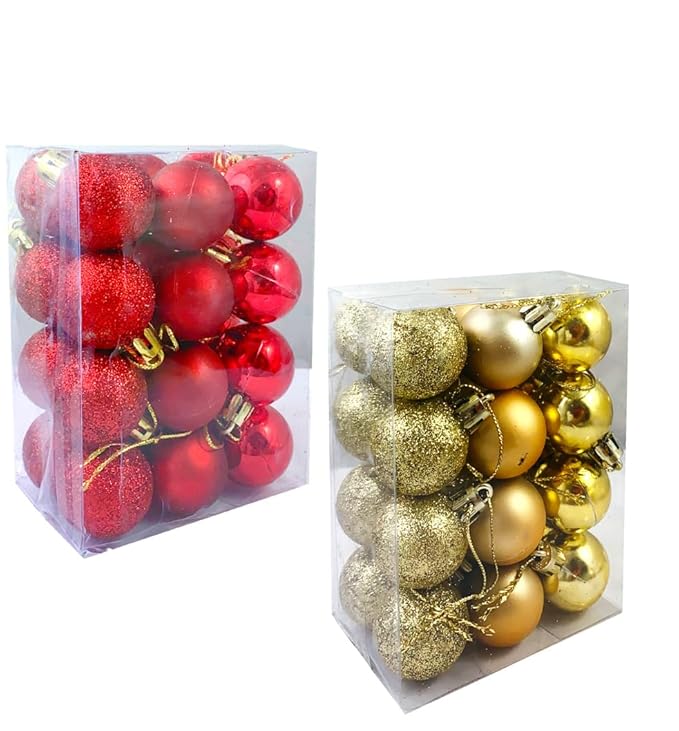 24 Pink Christmas X-Mass Tree Decoration Balls Hangings Ornaments Hanging Tree Balls Merry Ball Bauble Decoration for Home Party (12 Red and 12 Golden)