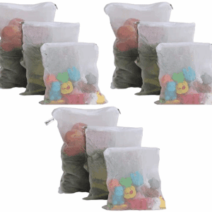 Set of 9 Reusable Fridge Storage Bags for Vegetables and Fruits with Zipper Dual Layer Mesh Net Multipurpose Multi-Size Kitchen Storage Bags Organizer (White)