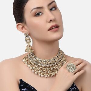 Poojavi  Gold Tone Kundan Choker Necklace Earring Maangtikka & Ring Set For Women