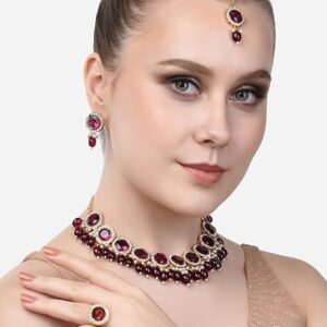 Poojavi Wine Color Stones & Cluster Beads Choker Necklace Earring Maangtikka & Ring Set For Women