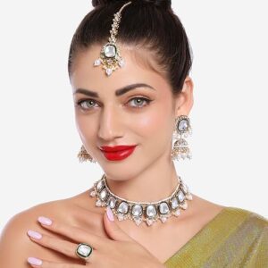 Poojavi  Green Enamel Kundan & Pearls Bridal Necklace Earring Maangtikka & Ring Set For Women