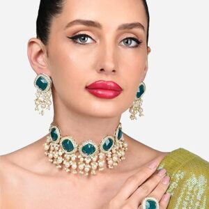 Poojavi Green Statement Stones Cluster Beads Choker Necklace Earring Ring Set For Women
