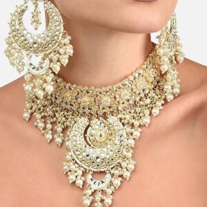 Poojavi Gold Tone Bridal Kundan & Pearls Choker Necklace & Earring Set For Women
