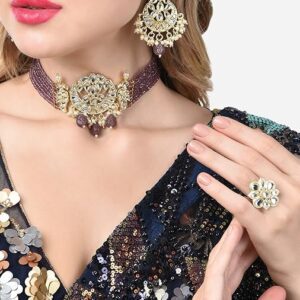 Poojavi Purple Multistrand Crystals Beaded Kundan Choker Necklace Earring & Ring Set For Women