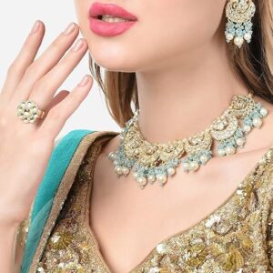 Poojavi Turquoise Blue Cluster Beads Drop Kundan Crescent Choker Necklace Earring & Ring Set For Women
