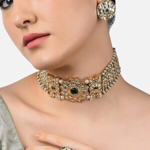 Poojavi Green Traditional Kundan Choker Necklace Earring & Ring Set For Women