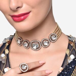 Poojavi Bronze Colour Multistrand Choker Necklace Earring & Ring Set For Women