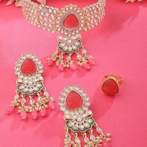 Poojavi Pink Stones Beads Ethnic Kundan Choker Necklace Earring & Ring Set For Women