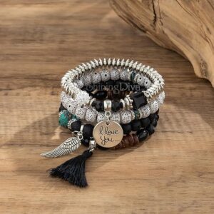 Latest Stylish Bohemian I Love You Feather Tassel Charm Multilayer Beaded Bangle Bodhi Bracelet for Women and Girls