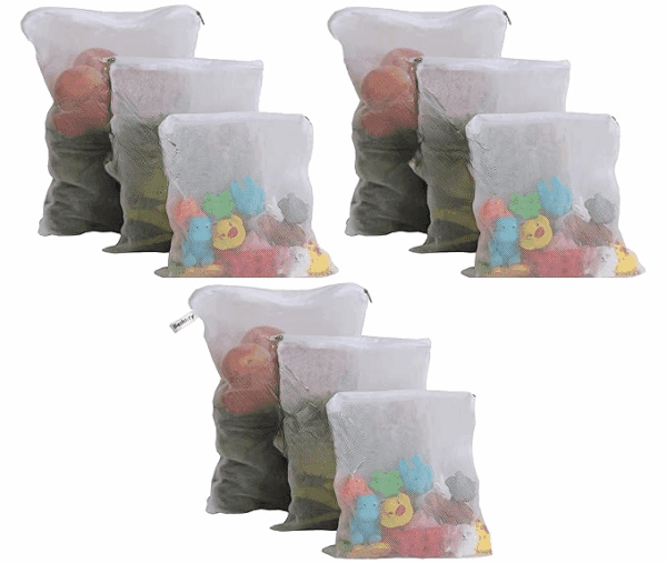 Set of 9 Reusable Fridge Storage Bags for Vegetables and Fruits with Zipper Dual Layer Mesh Net Multipurpose Multi-Size Kitchen Storage Bags Organizer (White)