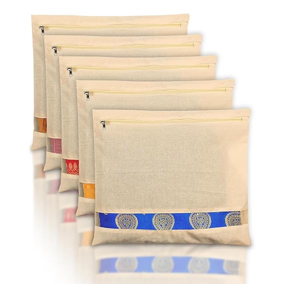 Saree Bags | Clothes Bags for Storage | Cotton Wardrobe Organizer | Mesh Window Cloth Storage Bags Set | Single Packing Saree Bags | Pack of 5 | Cream