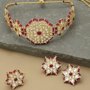 Poojavi Pink Crystal Beaded Ethnic Kundan Choker Necklace Earring & Ring Set For Women