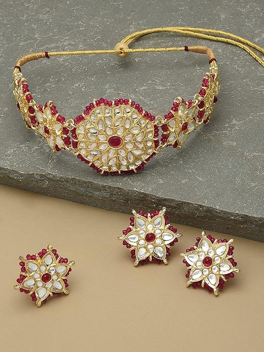 Poojavi Pink Crystal Beaded Ethnic Kundan Choker Necklace Earring & Ring Set For Women