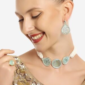Poojavi  Turquoise Blue Multistrand Austrian Diamonds Stones & Beads Choker Necklace Earring & Ring Set For Wome