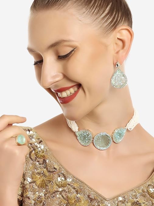 Poojavi Turquoise Blue Multistrand Austrian Diamonds Stones & Beads Choker Necklace Earring & Ring Set For Wome
