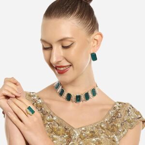 Poojavi  Peacock Green Artificial Stones & Kundan Choker Necklace Earring & Ring Set For Women