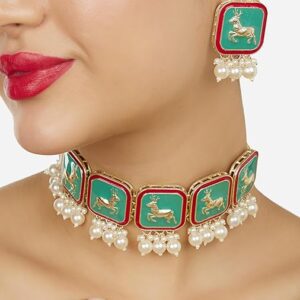 Poojavi Mint Green & Pink Meenakari Reindeer Choker Necklace & Earring Set For Women