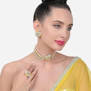 Poojavi Multicolor Crystal Beaded Multistrand Kundan Choker Necklace Earring & Ring Set For Women