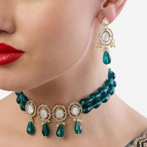 Poojavi Peacock Green Dazzling Beads Choker Necklace & Earring Set For Women