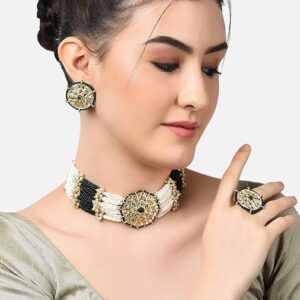 Poojavi Green Kundan Clustered Pearls Choker Necklace Earring & Ring Set For Women