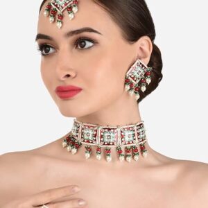 Poojavi Red & Green Meenakari Floral Choker Necklace Earring Maangtikka & Ring Set For Women