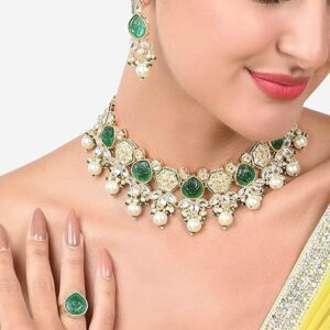 Poojavi Green Stones Dazzling Kundan Necklace Earring & Ring Set For Women